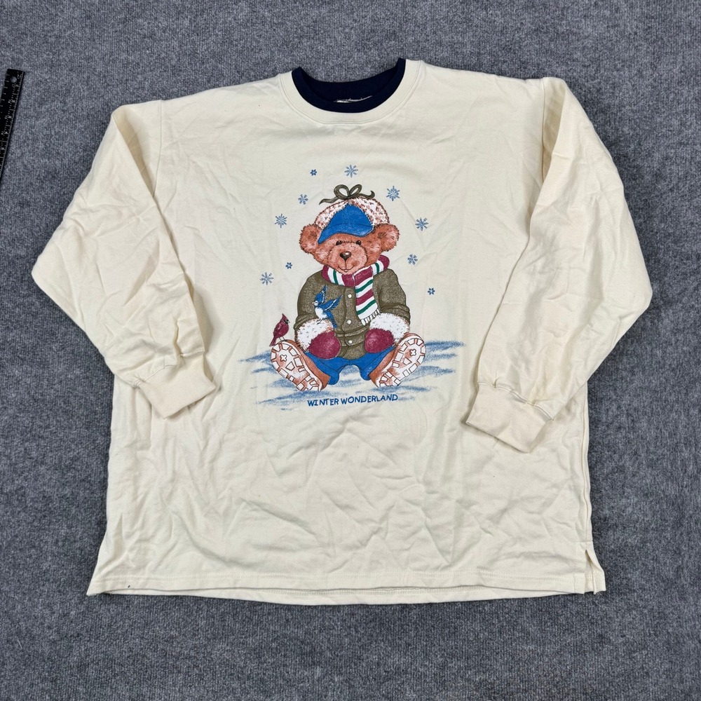 Winter Wonderland Sweatshirt Womens Size XL Cream Teddy Bear Graphic Long Sleeve